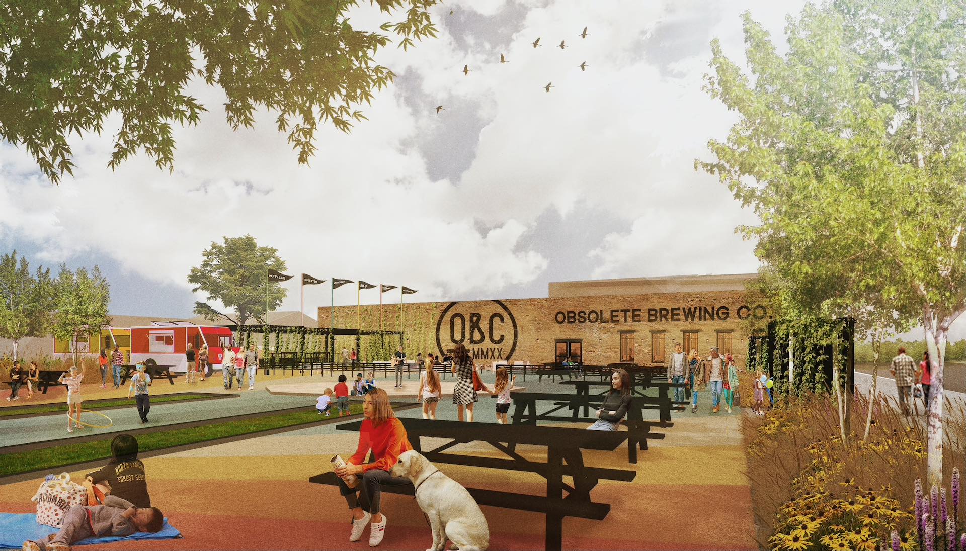 Rendering of outdoor space beside brewery.